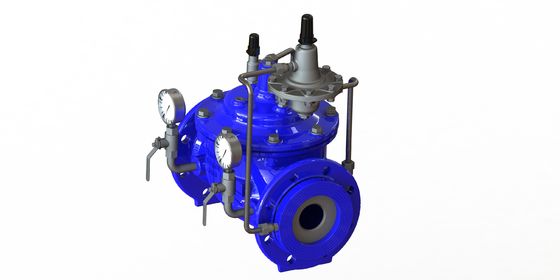 PN16 ความดันสูงสุด วาล์วควบคุมการไหลของ Port เต็มในเหล็กดัดเหล็กที่มีไนลอนเสริมกระเป๋าปิดและสีฟ้า Ral5005 ปลาย